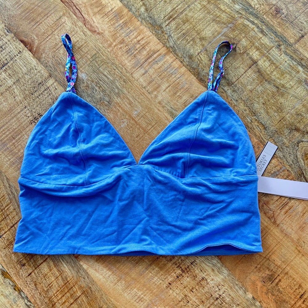 Victoria Secret Bralette M Blue Triangle Wireless Floral Straps 11204648 5XBY